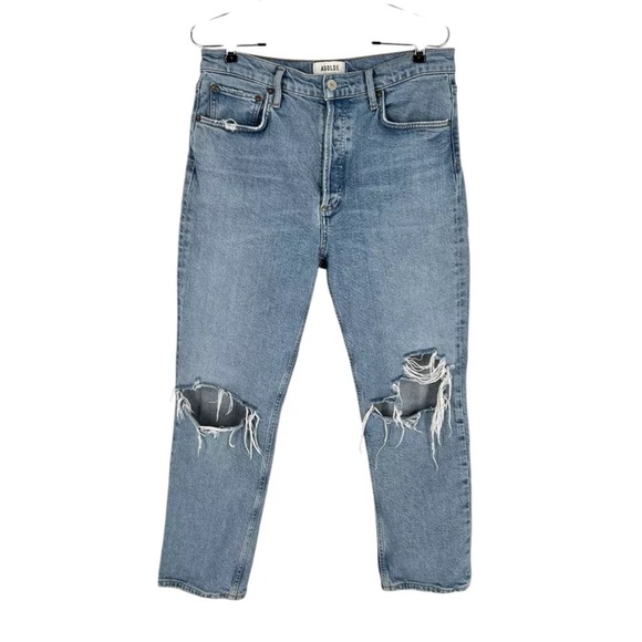 AGOLDE Riley High Rise Straight Crop Jeans Womens Size 29 Blue Distressed Denim - Picture 1 of 9